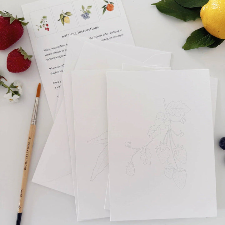 Fruit Paintable Watercolor Notecard Set includes paintbrush, fruit and floral sketched notecards, painting instructions; available in standard card size.