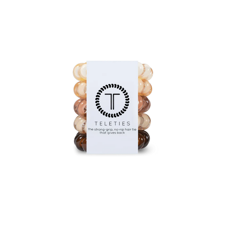 TELETIES Hair Ties in neutral colors offer strong grip and no-rip functionality. Sizes available: Small, Large.
