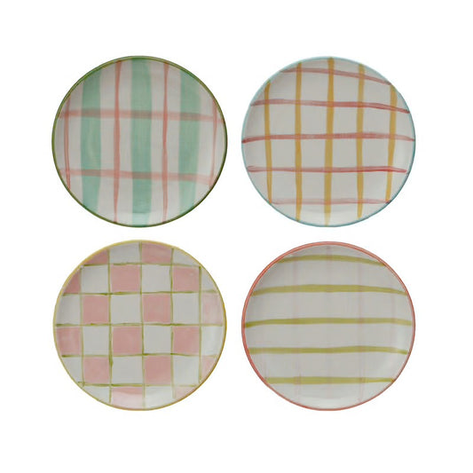 Set of four handpainted stoneware plates, pastel plaid/check designs in green, pink, yellow, blue. Sizes: 10" diameter.