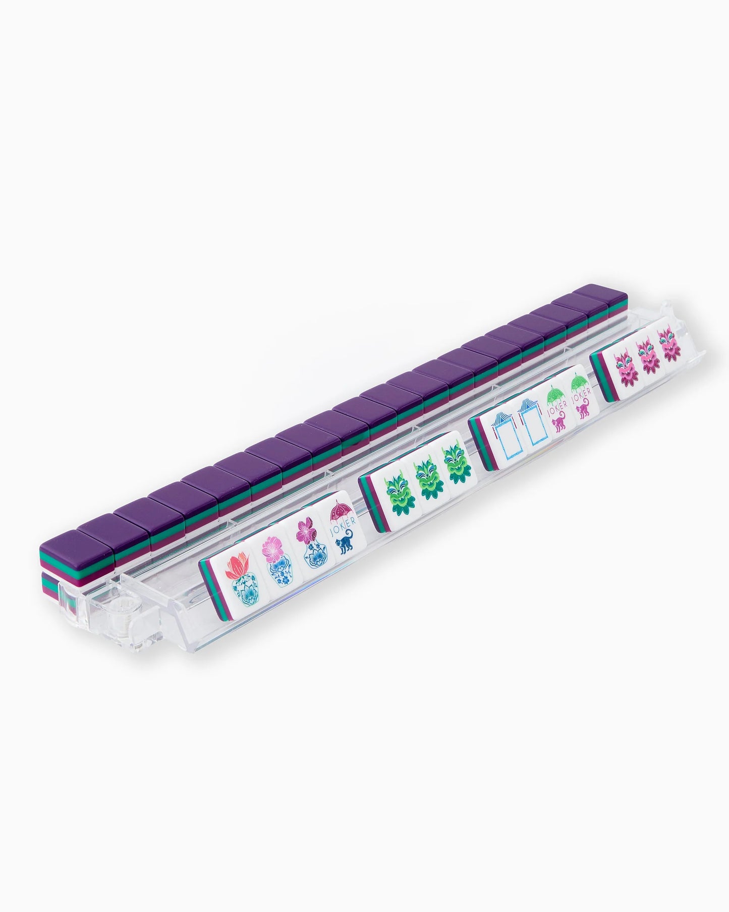 Purple acrylic Gemma Mahjong Tiles with floral, animal, and character symbols on a clear rack; available in multiple sizes.