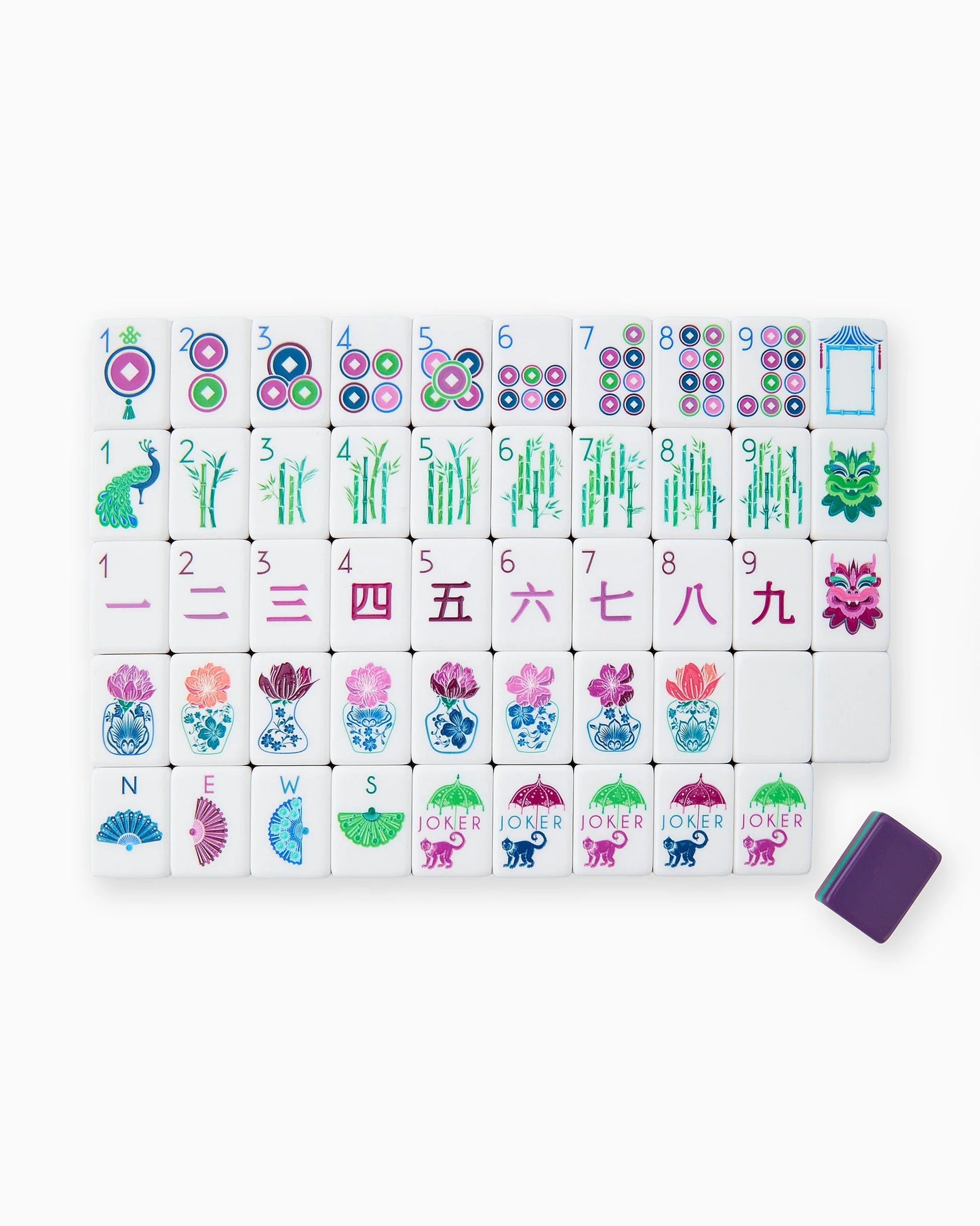 Gemma Mahjong Tiles set: circles, bamboo, characters, winds, dragons, flowers, jokers, blanks; purple backs; acrylic. Sizes vary.