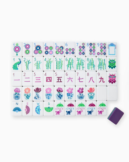 Gemma Mahjong Tiles set: circles, bamboo, characters, winds, dragons, flowers, jokers, blanks; purple backs; acrylic. Sizes vary.