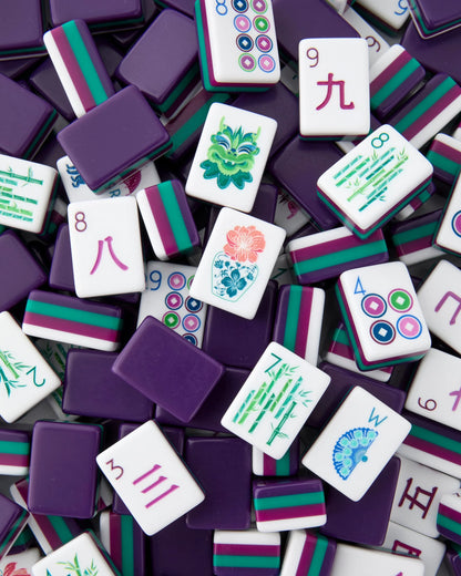 Gemma Mahjong Tiles in purple with teal, white, magenta edges; numbers, characters, flowers, bamboo. Available in multiple sizes.