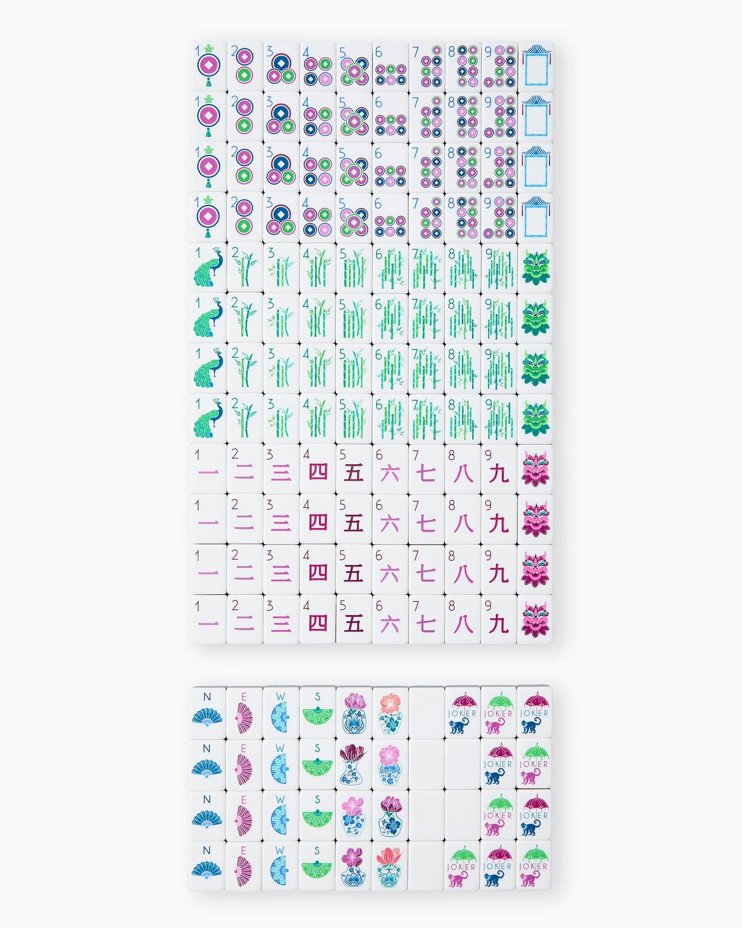Gemma Mahjong Tiles with circles, bamboo, Chinese characters, winds, dragons, flowers. Available in standard and large sizes.