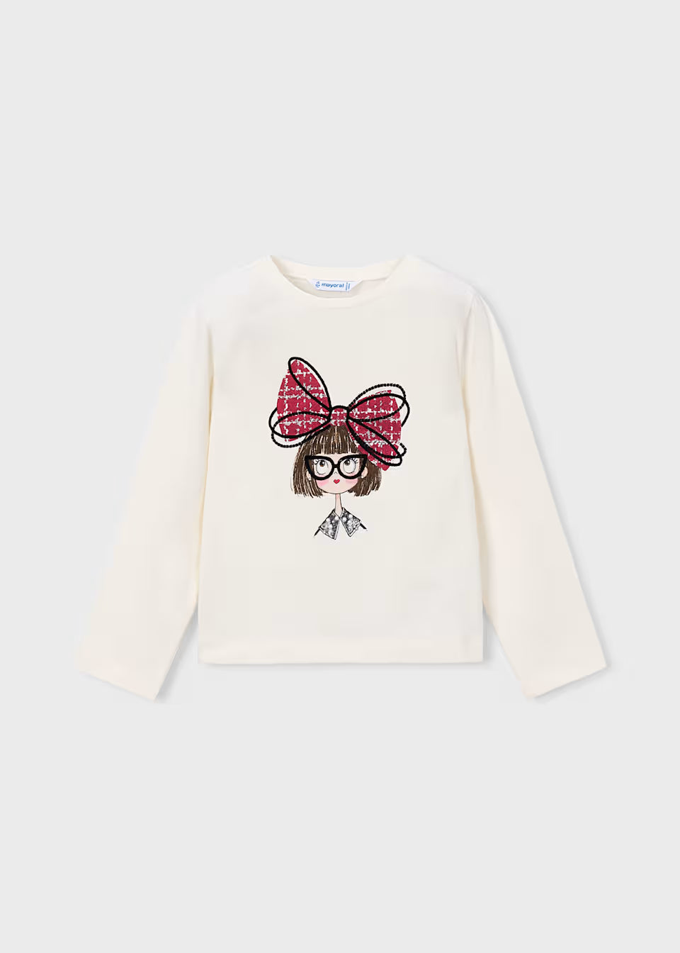 Little Girl Doll Long Sleeve T-Shirt with cartoon girl, large glasses, and big red bow. Available in sizes S, M, L, XL.