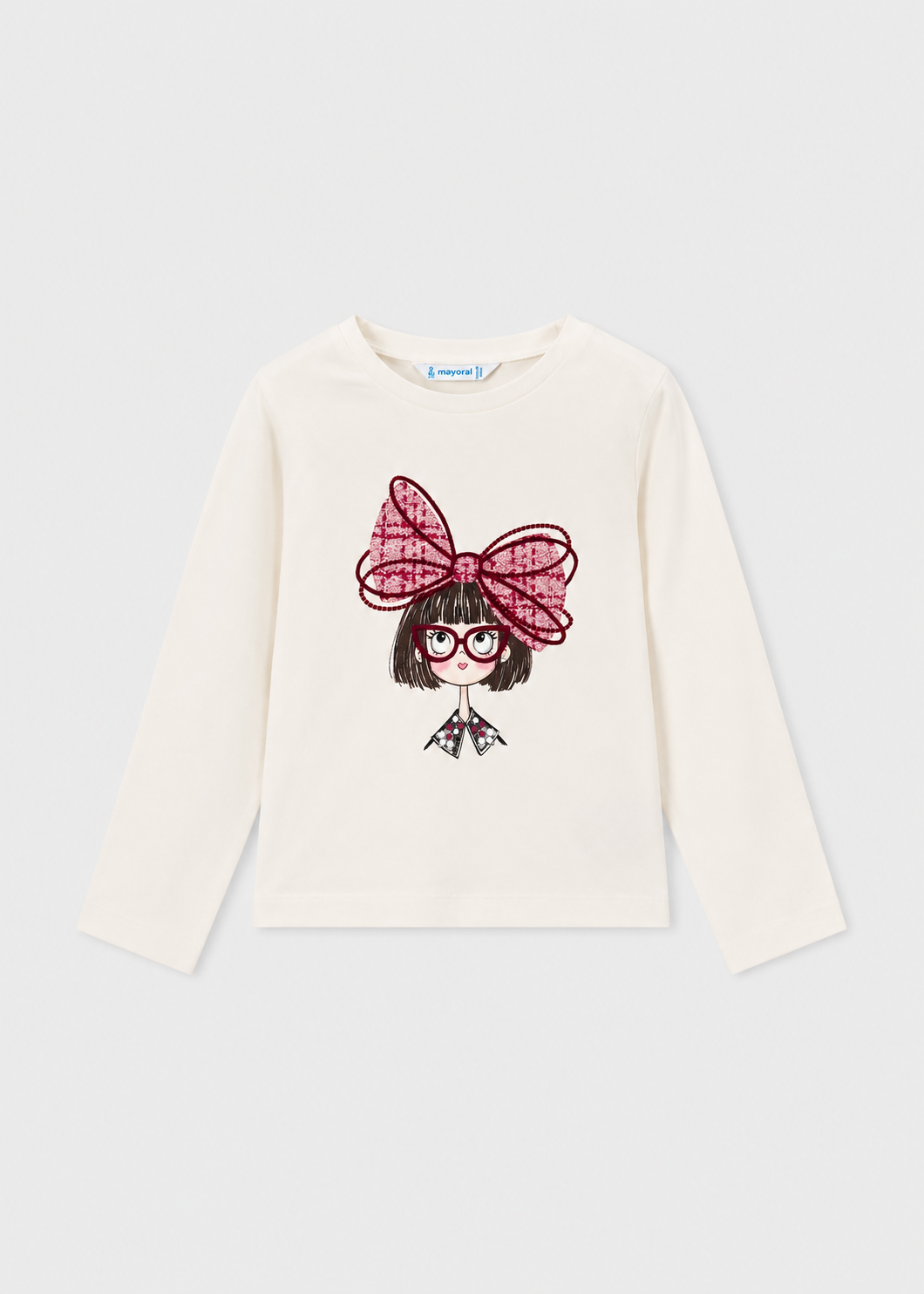 White long sleeve t-shirt with front graphic of cartoon girl, red glasses, and a big red bow. Available in multiple sizes.