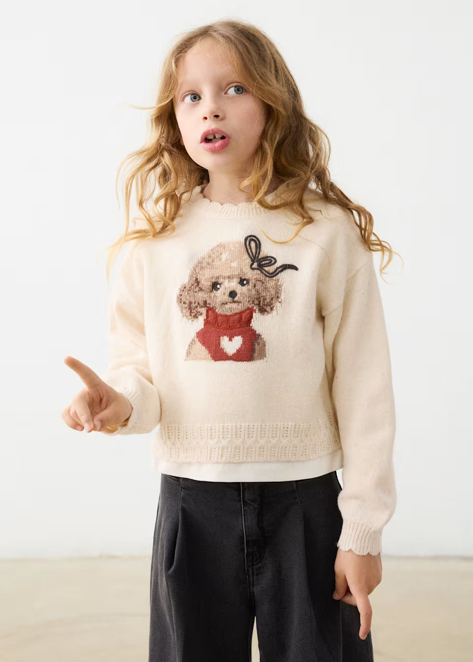 Little Girl Doodle Doggie Sweater with scalloped details, available in sizes 2T-8.