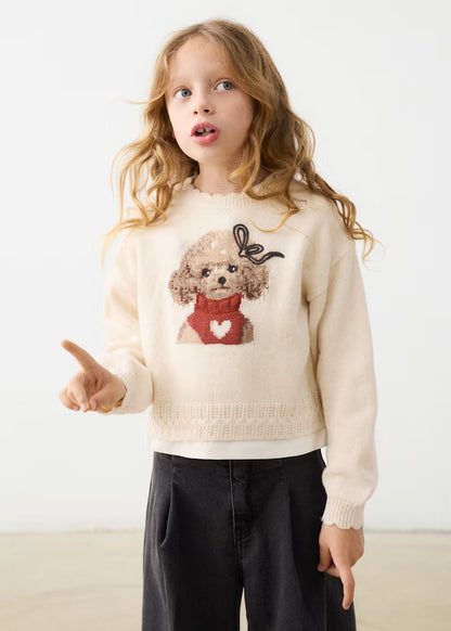 Little Girl Doodle Doggie Sweater with scalloped details, available in sizes 2T-8.