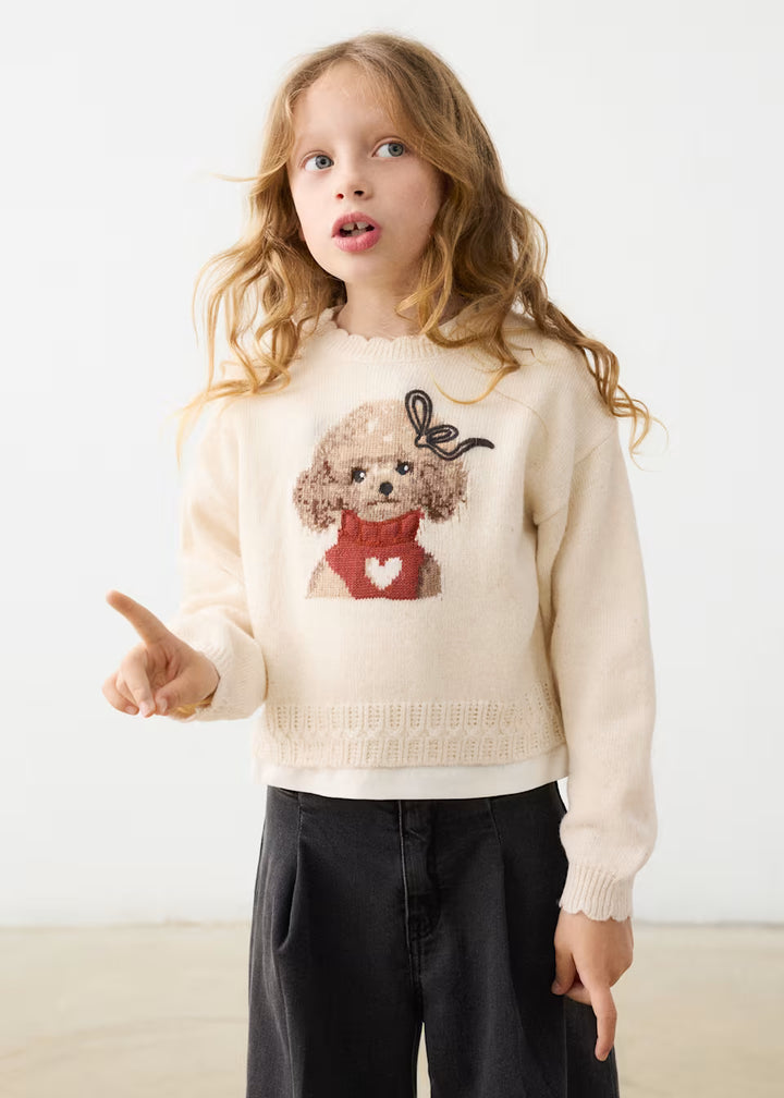 Little Girl Doodle Doggie Sweater with scalloped details, available in sizes 2T-8.