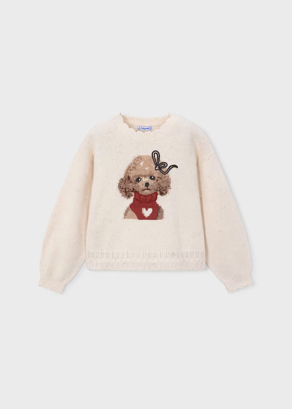Cream intarsia knit sweater featuring a brown dog with a red scarf, white heart, and bow on its ear; scalloped ribbed cuffs, hem, and neckline. Available in sizes 2T-6.