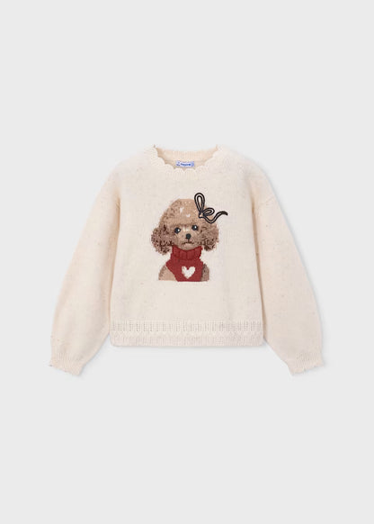 Cream intarsia knit sweater featuring a brown dog with a red scarf, white heart, and bow on its ear; scalloped ribbed cuffs, hem, and neckline. Available in sizes 2T-6.