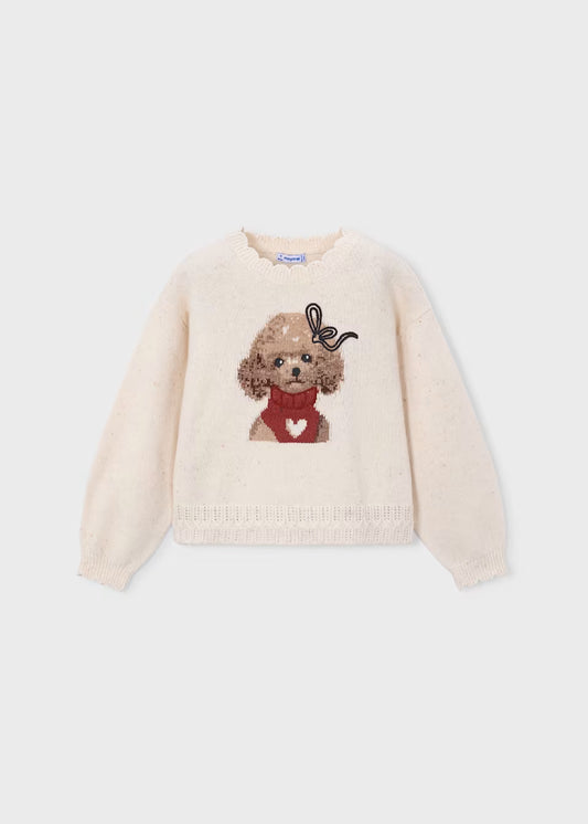 Cream intarsia knit sweater featuring a brown dog with a red scarf, white heart, and bow on its ear; scalloped ribbed cuffs, hem, and neckline. Available in sizes 2T-6.