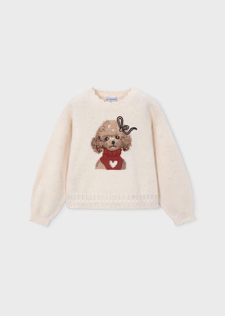 Cream intarsia knit sweater featuring a brown dog with a red scarf, white heart, and bow on its ear; scalloped ribbed cuffs, hem, and neckline. Available in sizes 2T-6.