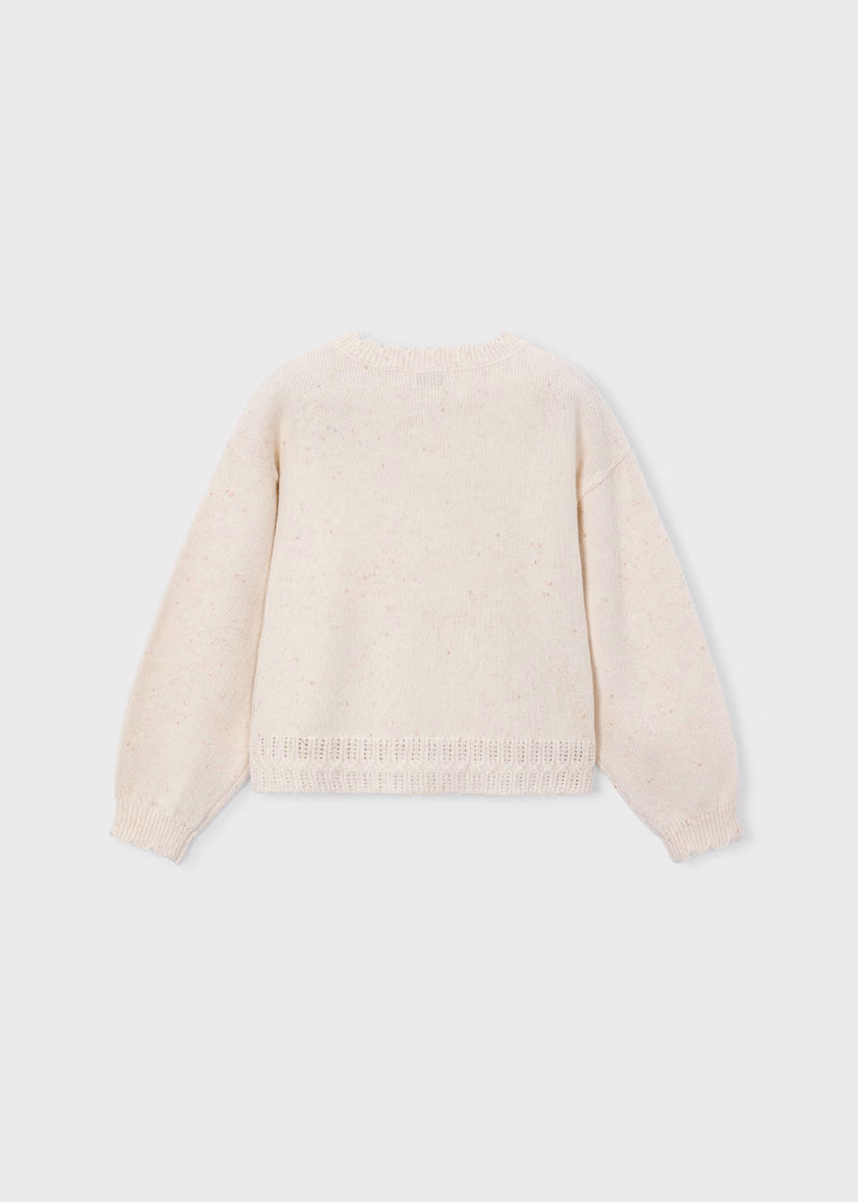 Beige long-sleeve intarsia knit sweater with ribbed cuffs, hem, and neckline; relaxed, slightly cropped fit. Available in sizes 2T-6X.