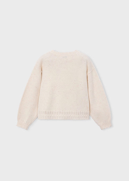 Beige long-sleeve intarsia knit sweater with ribbed cuffs, hem, and neckline; relaxed, slightly cropped fit. Available in sizes 2T-6X.