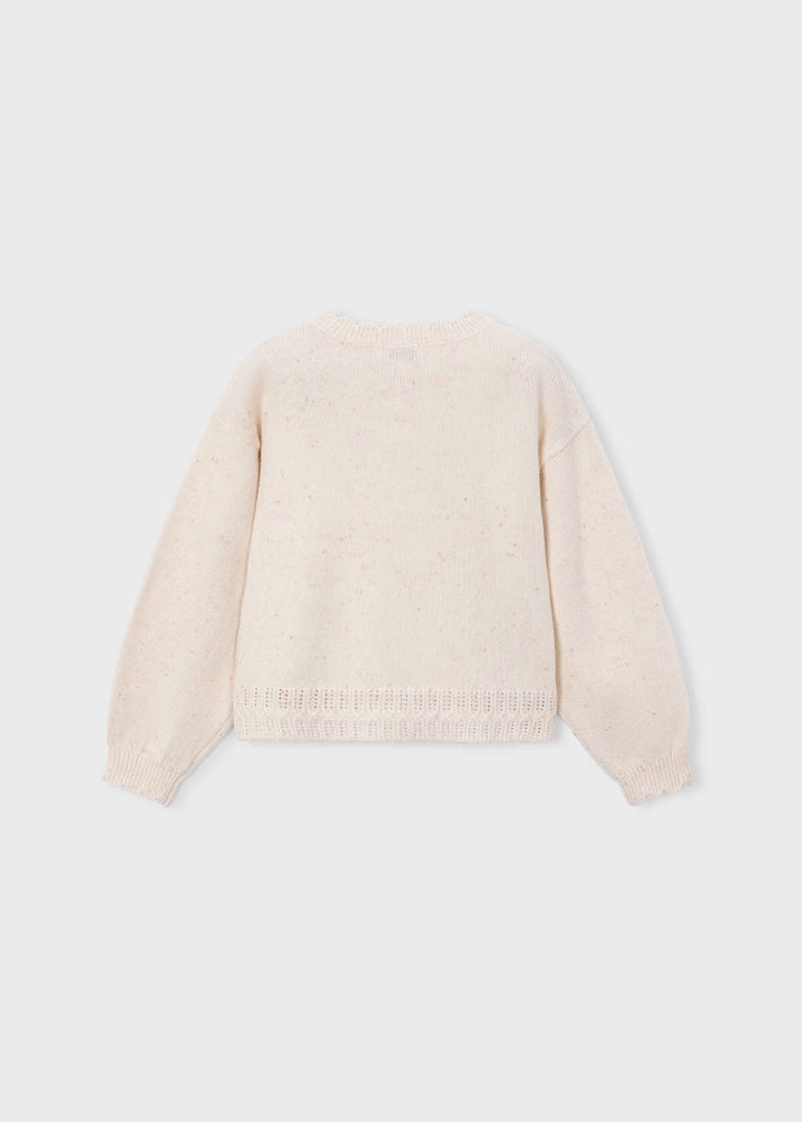 Beige long-sleeve intarsia knit sweater with ribbed cuffs, hem, and neckline; relaxed, slightly cropped fit. Available in sizes 2T-6X.