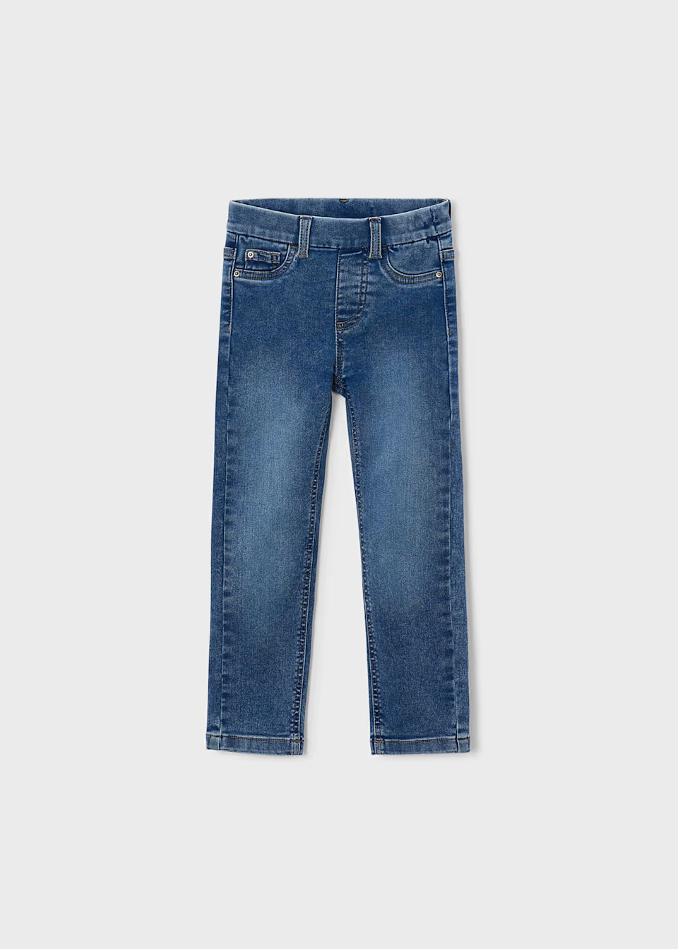 Little Girl Denim Skinny Fit Jeans in light blue with front pockets, belt loops, pull-on style, and adjustable waistband. Available in kids’ sizes.