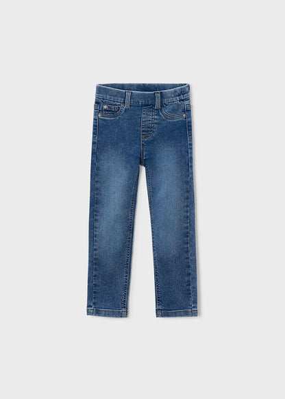 Little Girl Denim Skinny Fit Jeans in light blue with front pockets, belt loops, pull-on style, and adjustable waistband. Available in kids’ sizes.