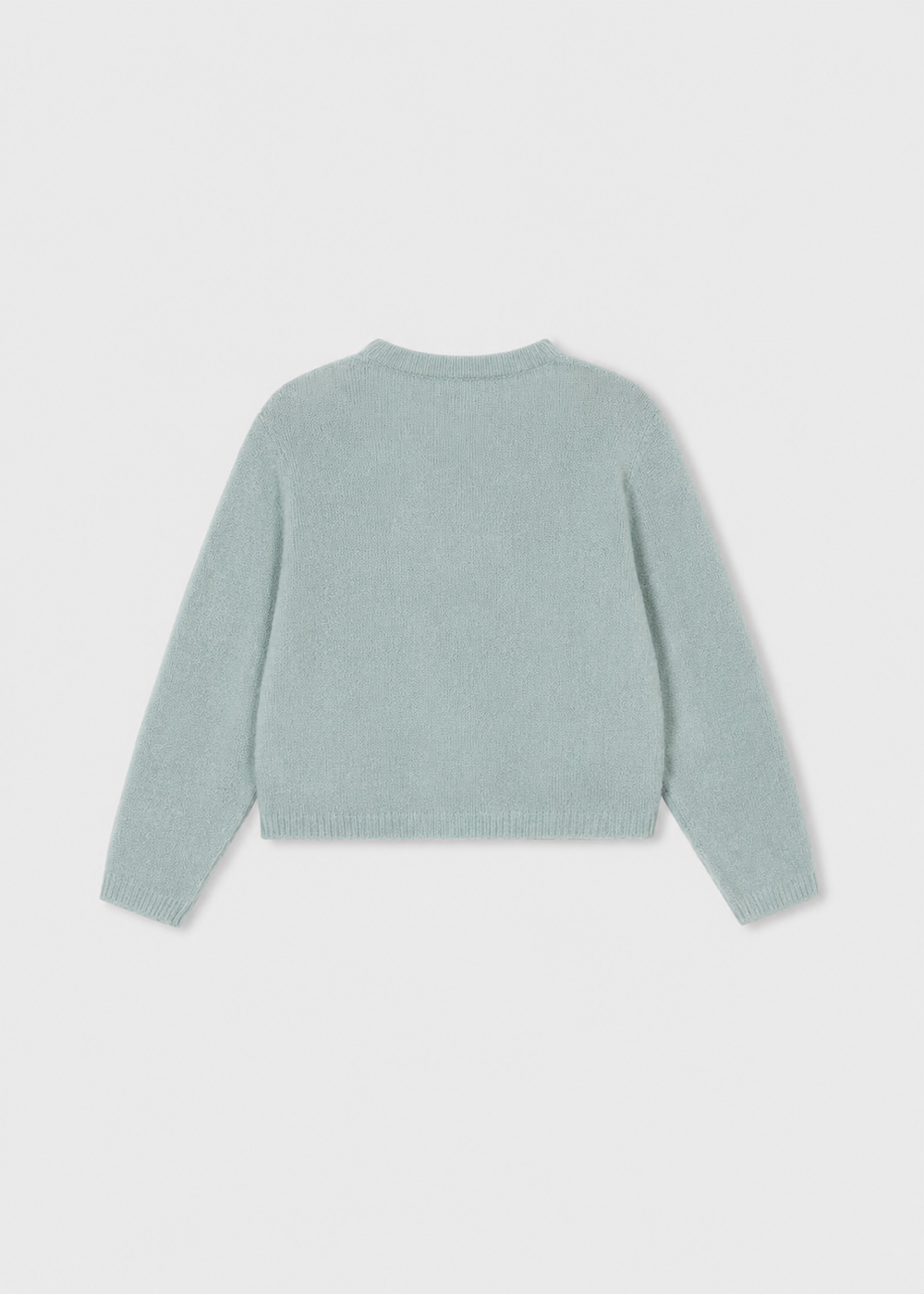 Light blue Little Girl Knit Cardigan with bows, shown from the back. Available in sizes 2T-6T.