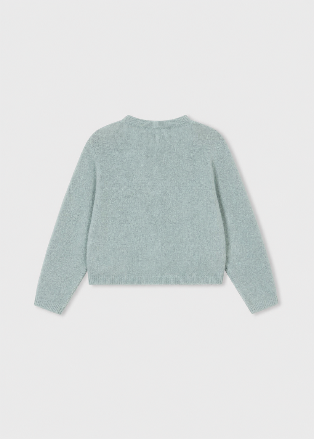 Light blue Little Girl Knit Cardigan with bows, shown from the back. Available in sizes 2T-6T.