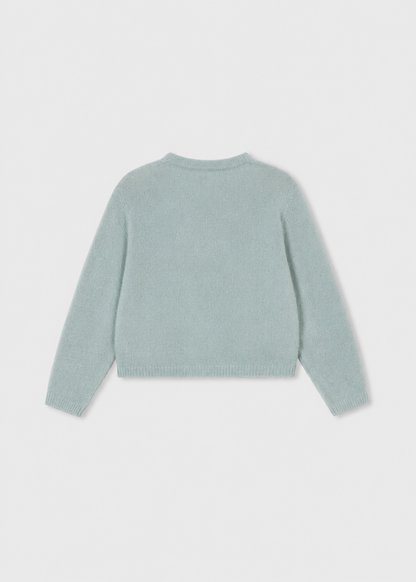 Light blue Little Girl Knit Cardigan with bows, shown from the back. Available in sizes 2T-6T.