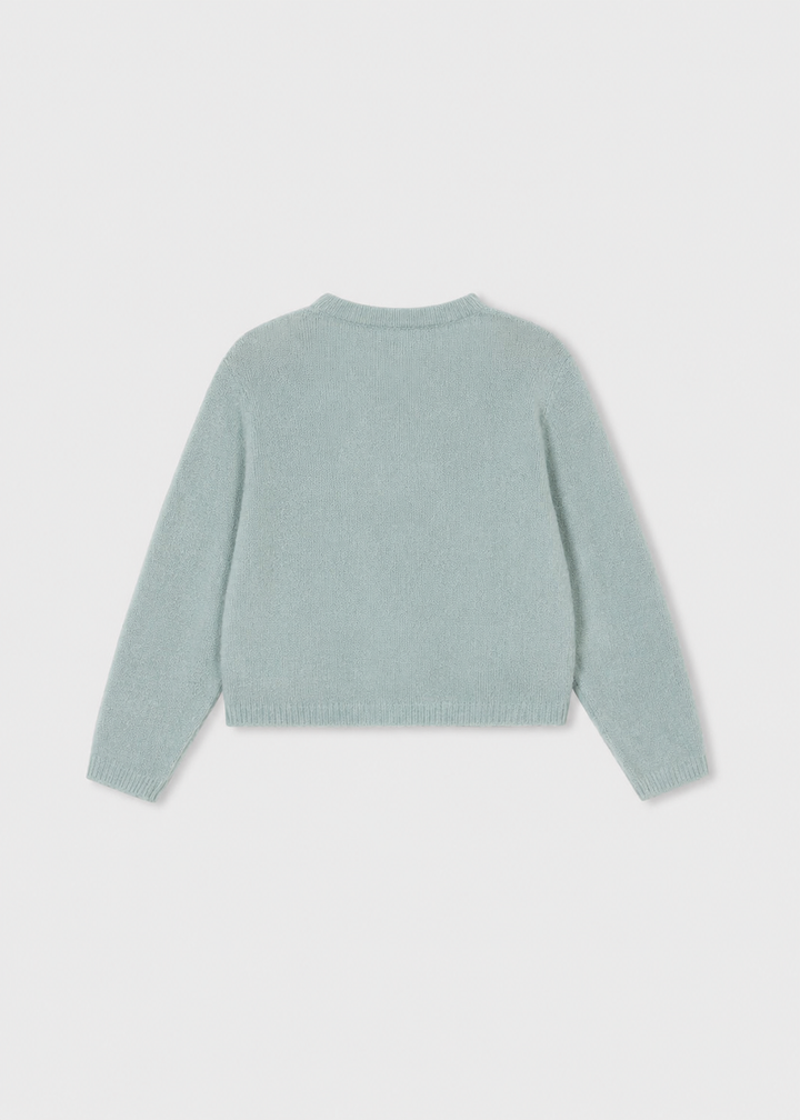 Light blue Little Girl Knit Cardigan with bows, shown from the back. Available in sizes 2T-6T.