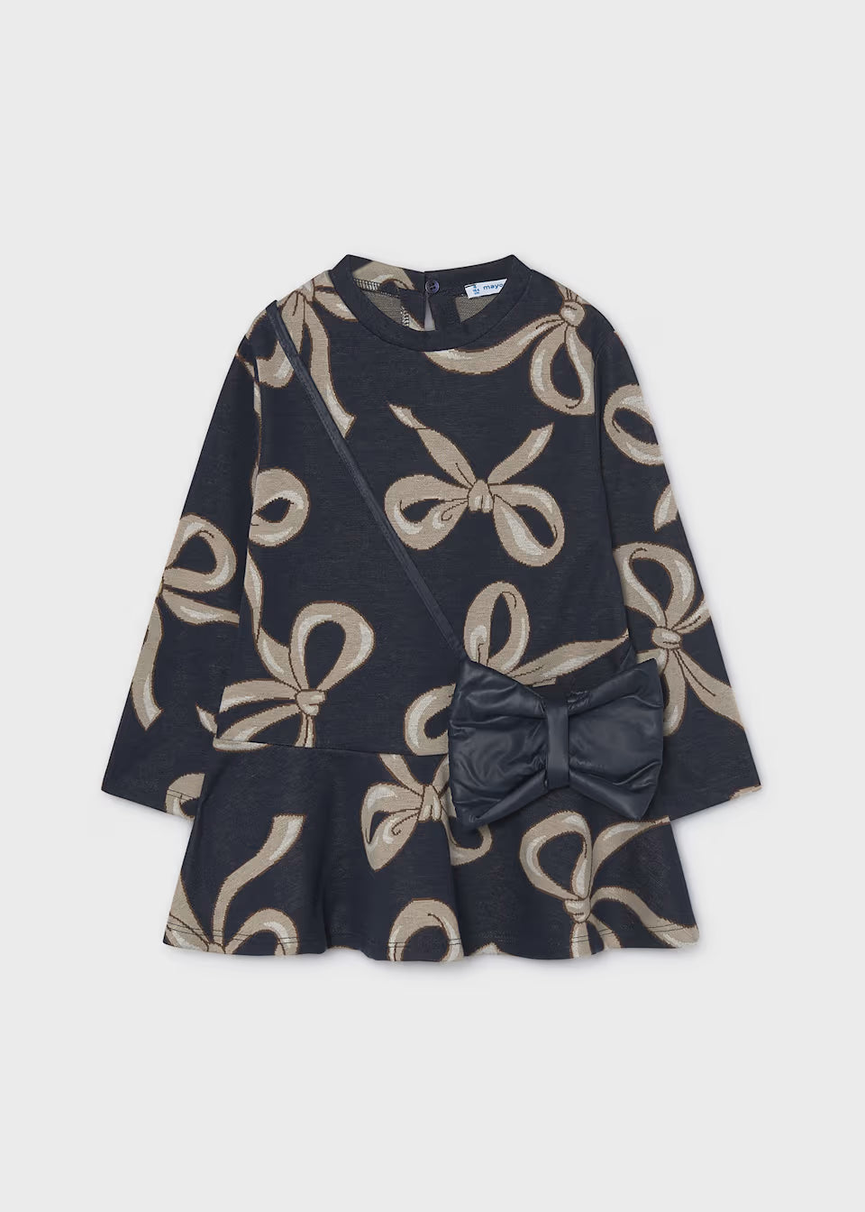 Long-sleeve black jacquard knit dress with gold bow prints and peplum hem. Available in sizes 3T, 4T, 5, and 6.