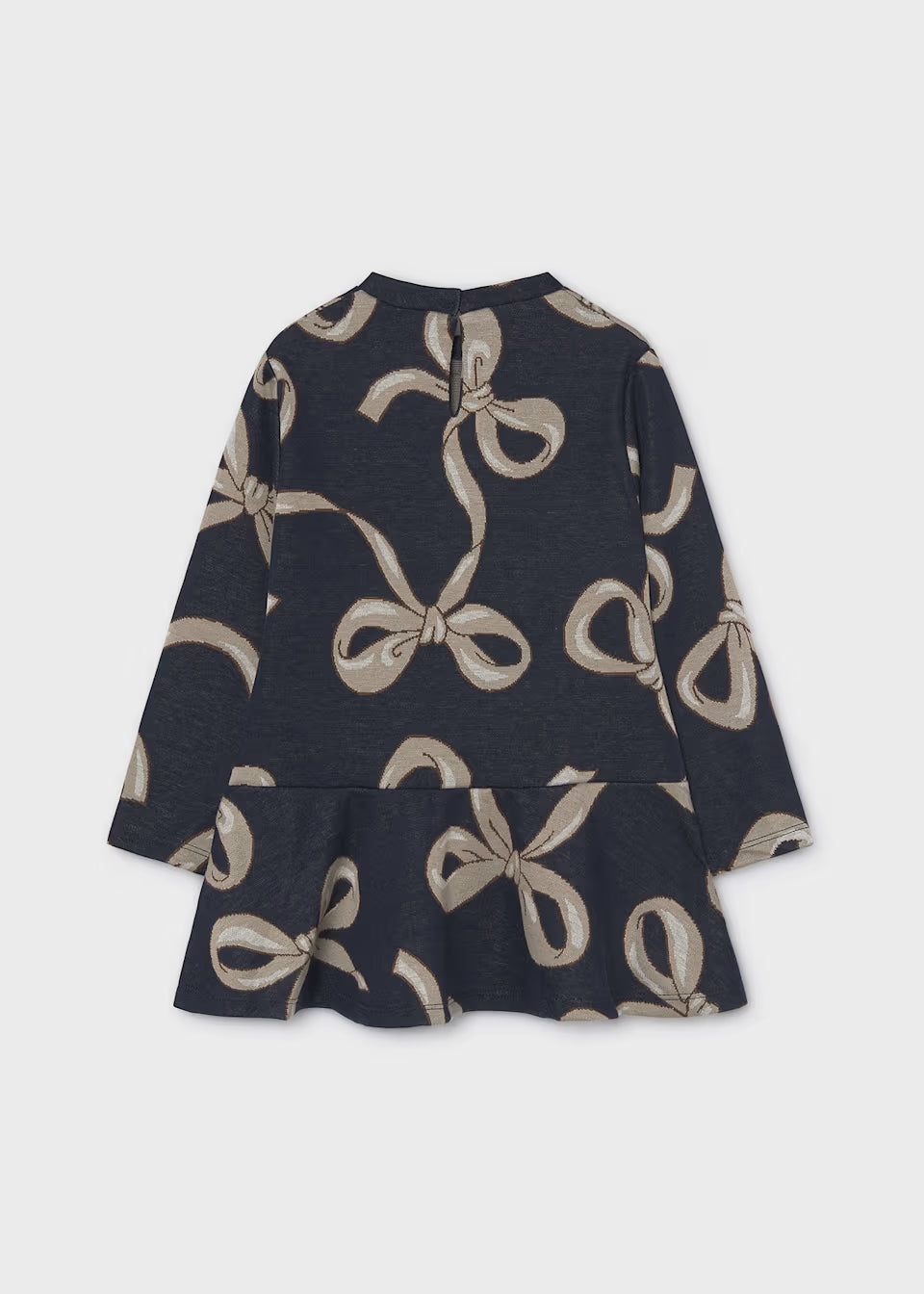 Navy blue long sleeve dress with beige bow jacquard knit design, ruffled drop-waist hem. Available in sizes 2T-6T.