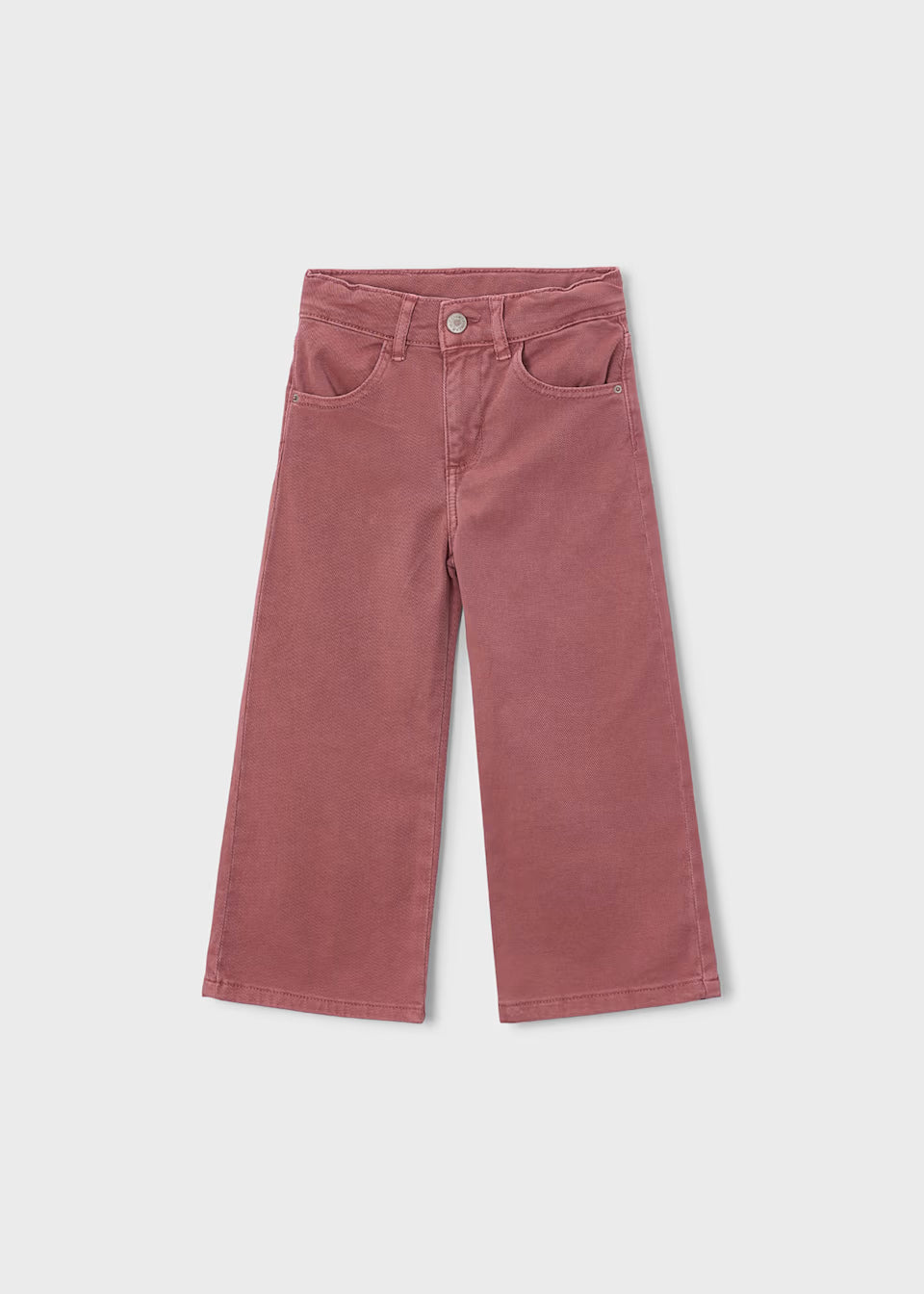 Wide-leg, high-waisted dusty rose pants with scalloped edges, front and back pockets, button and zipper closure; available in sizes 2T-6.