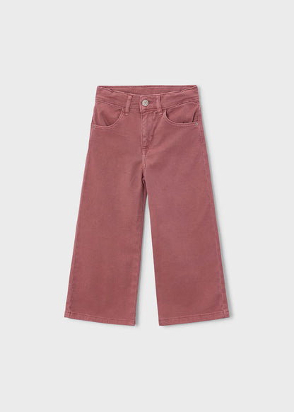 Wide-leg, high-waisted dusty rose pants with scalloped edges, front and back pockets, button and zipper closure; available in sizes 2T-6.