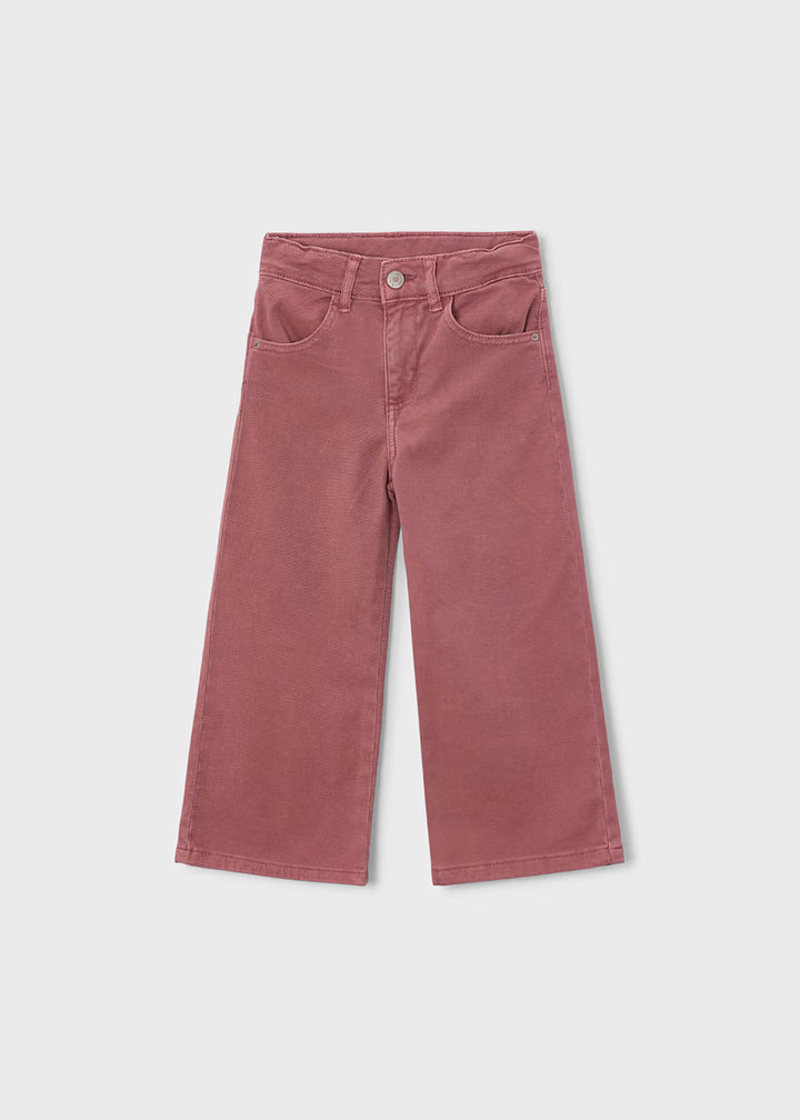 Wide-leg, high-waisted dusty rose pants with scalloped edges, front and back pockets, button and zipper closure; available in sizes 2T-6.