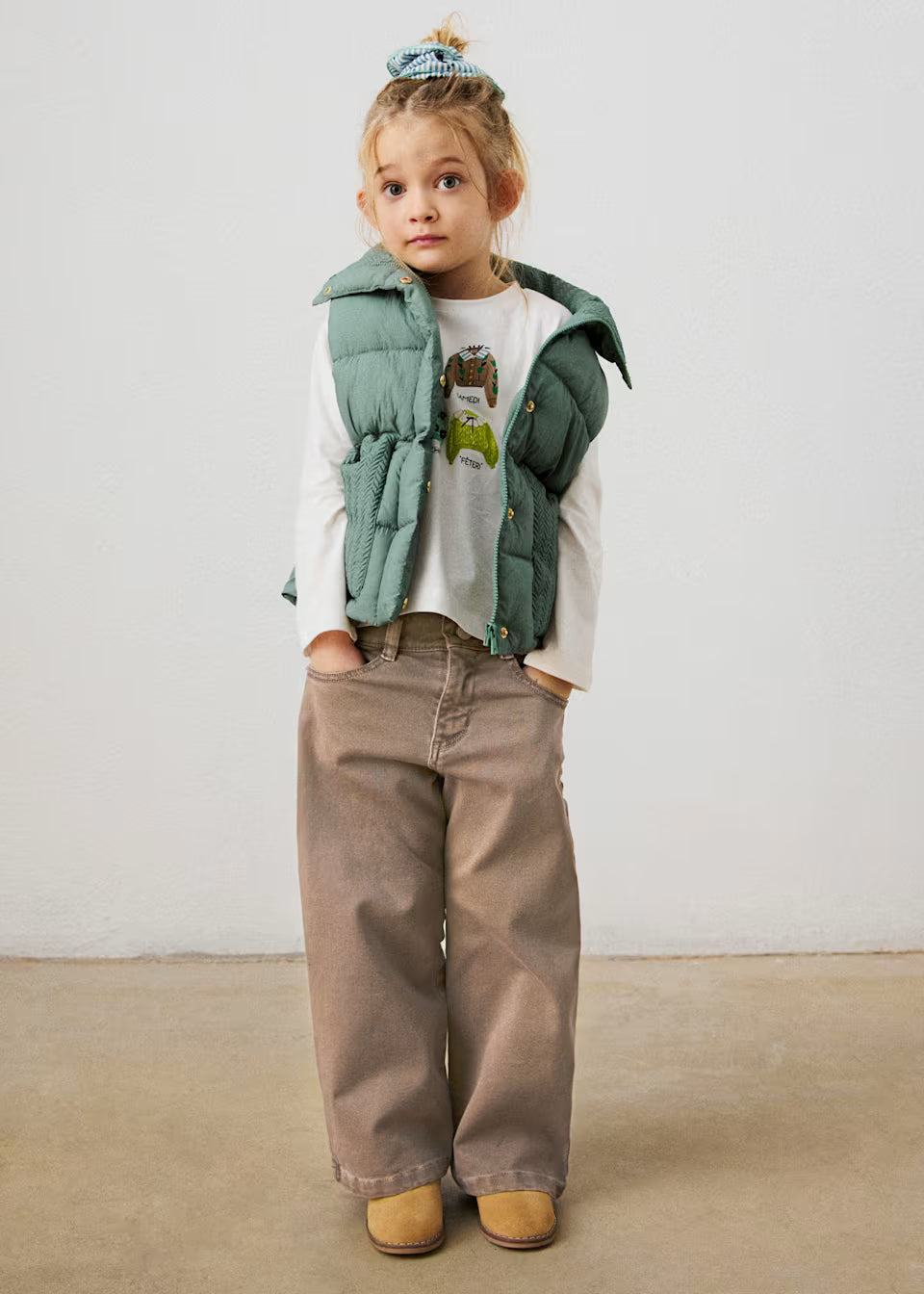 Little Girl Twill Scallop Pants in wide-leg brown style; available in sizes 2T–6X.