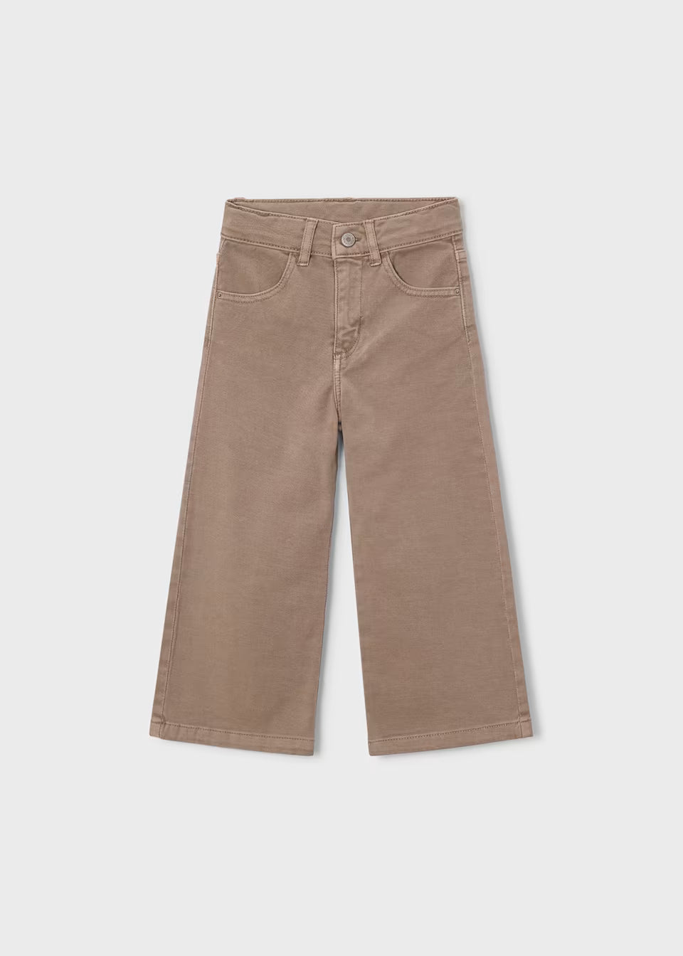 Light brown wide-leg twill scallop pants with front button and zipper, belt loops, and two front pockets. Available in sizes 2T-6X.