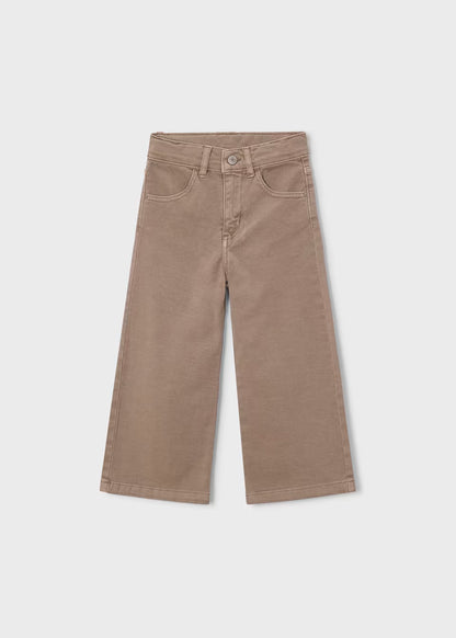 Light brown wide-leg twill scallop pants with front button and zipper, belt loops, and two front pockets. Available in sizes 2T-6X.