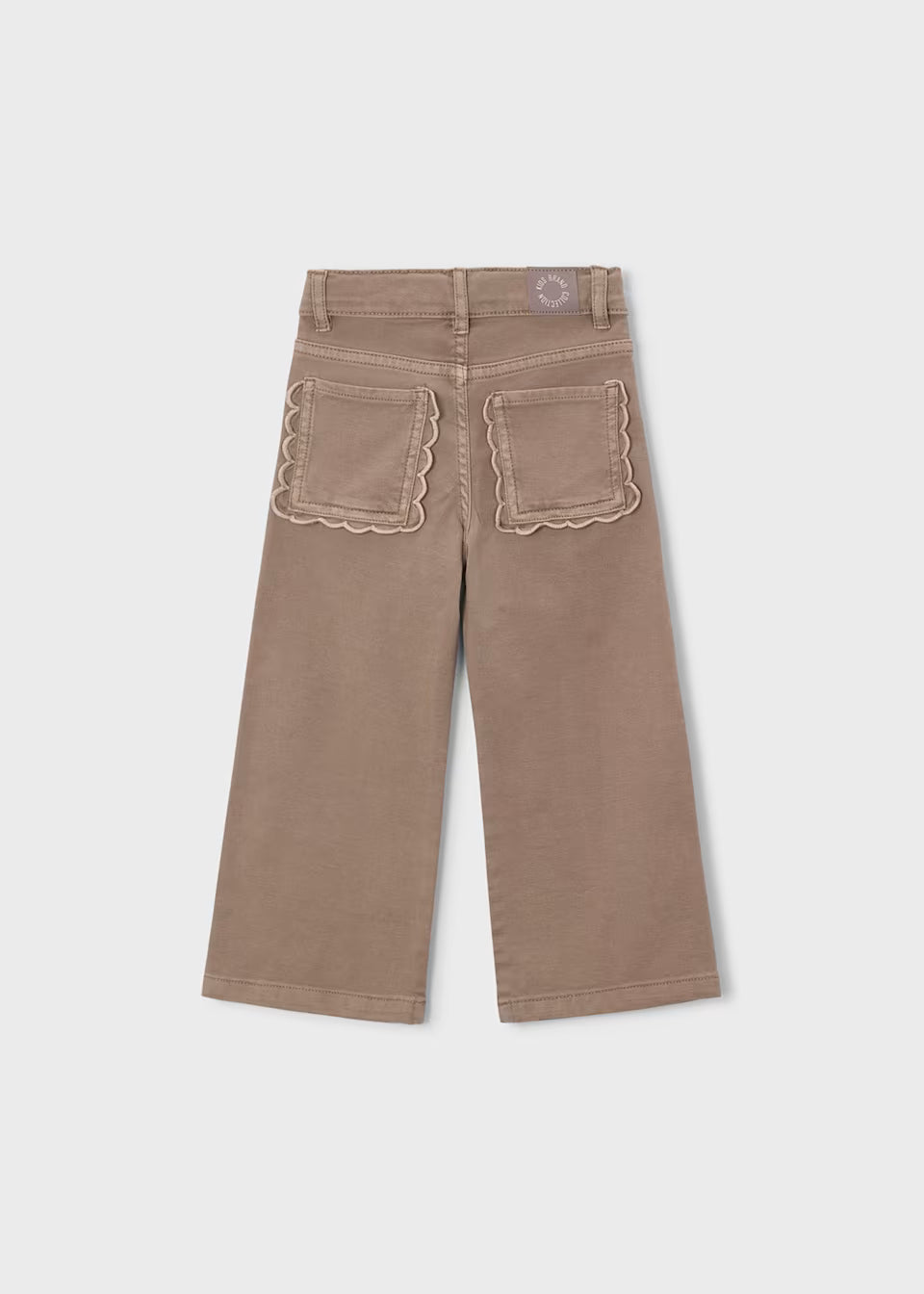 Khaki twill scallop pants with wide legs and two back pockets featuring scalloped edging; available in sizes 2T-6.