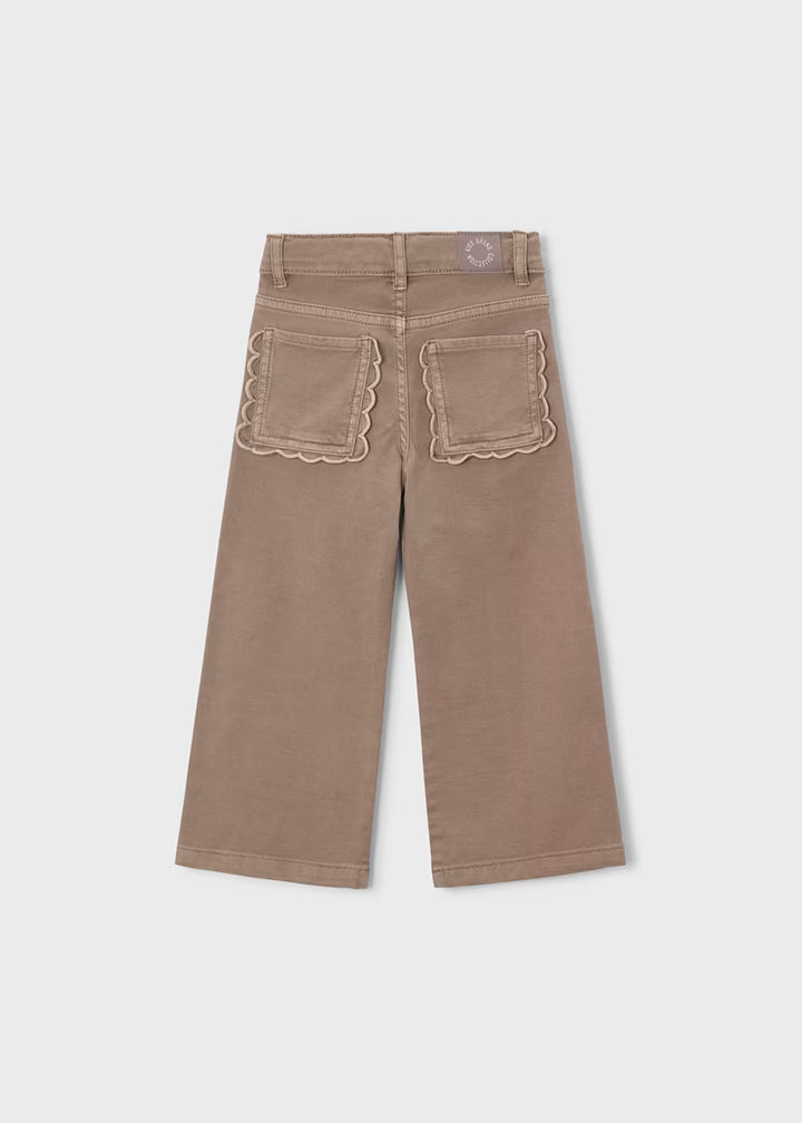 Khaki twill scallop pants with wide legs and two back pockets featuring scalloped edging; available in sizes 2T-6.