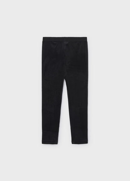 Ultra-soft black velvet leggings with a stretchy elastic waistband and straight legs. Available in sizes 2T-6X.