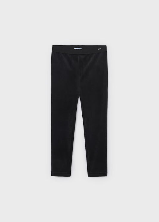 Little Girl Velvet Leggings in ultra-soft black velvet with an elastic waistband, ankle length, no visible pockets or embellishments. Available in sizes 2T-6X.