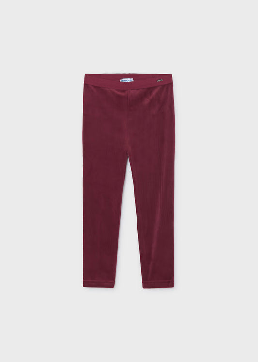 Ultra-soft, stretchy burgundy velvet leggings for little girls. Available in sizes 2T-6X.