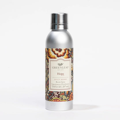 Metallic "Hope Room Spray" with floral label, available in 100ml and 200ml sizes. Long-lasting fragrance.