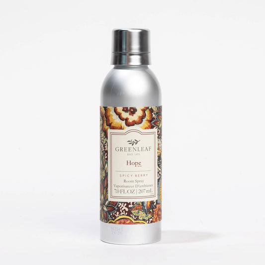 Metallic "Hope Room Spray" with floral label, available in 100ml and 200ml sizes. Long-lasting fragrance.