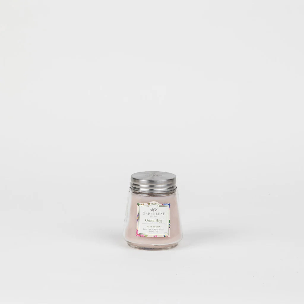 Grandiflora Petite Candle GLG910574: small jelly jar, silver lid, white label. Available in petite size.