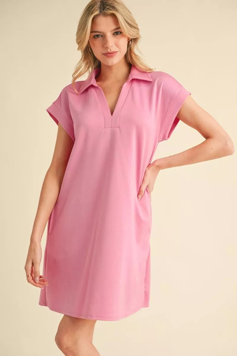 Pink Collared Short Sleeve Dress with lightweight fabric, collar, V-neckline. Available in sizes XS-XL.
