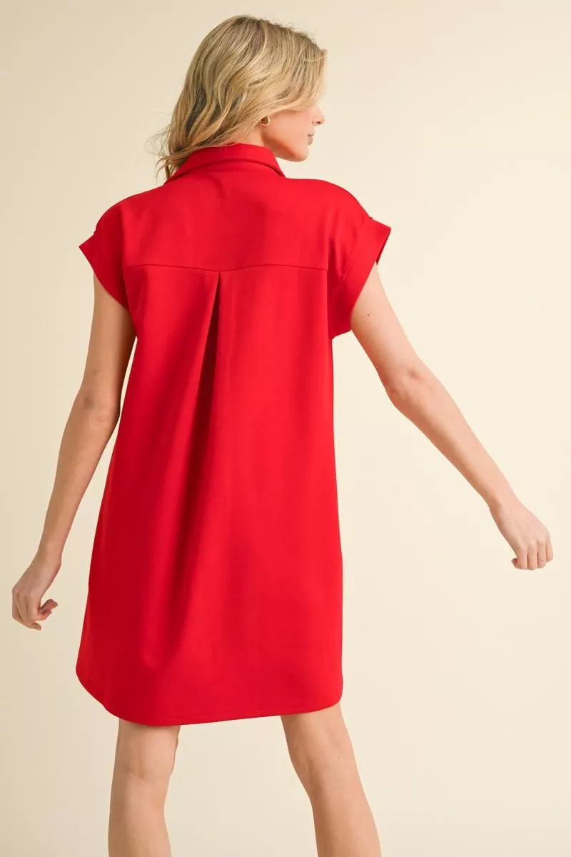 Red Collared Short Sleeve Dress, knee-length, breathable cotton. Available in sizes XS-XL.