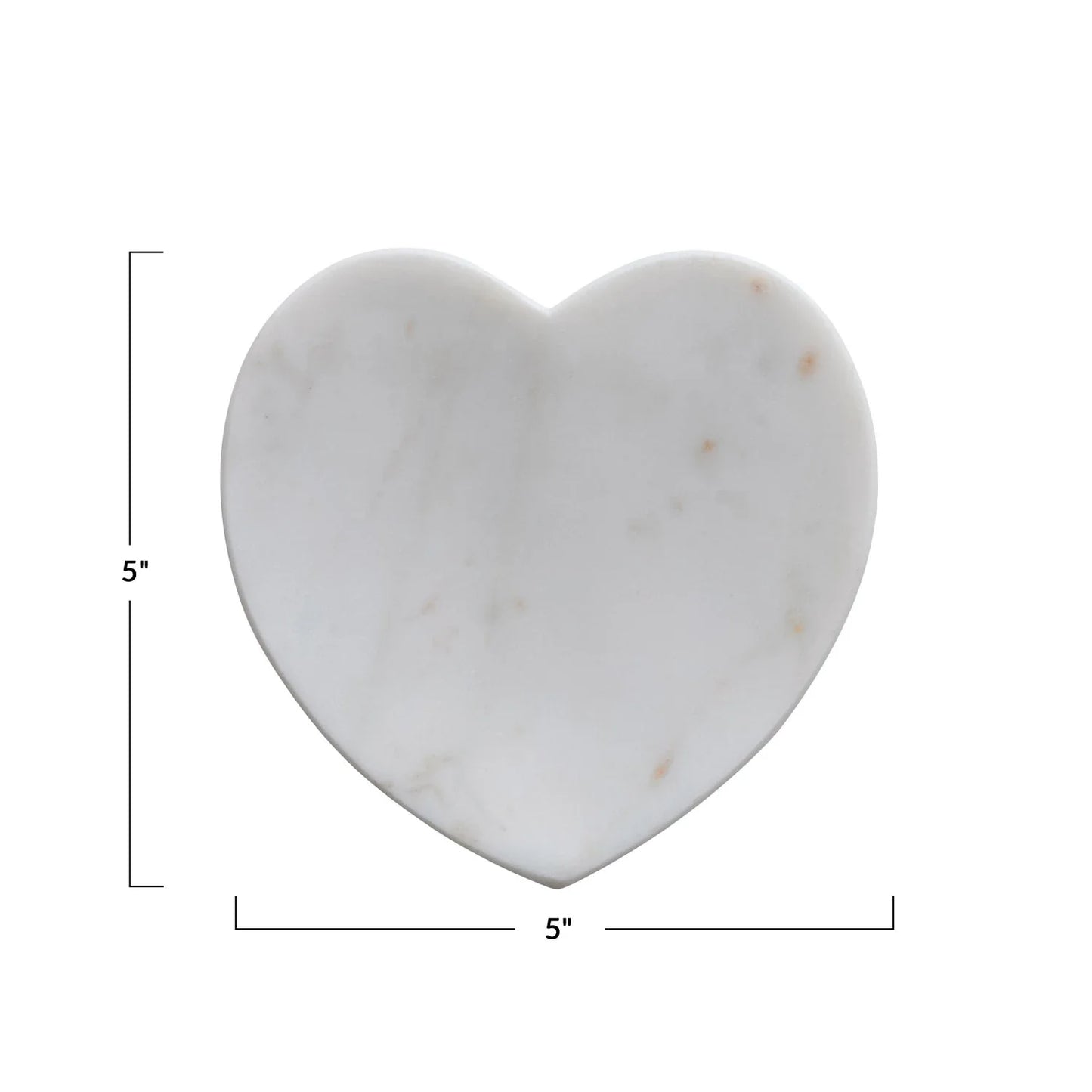 Heart-shaped white marble dish with subtle gray and brown veining, available in 5"x5" size.