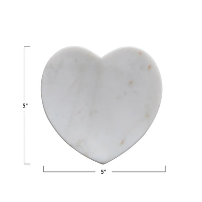 Heart-shaped white marble dish with subtle gray and brown veining, available in 5"x5" size.