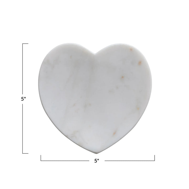 Heart-shaped white marble dish with subtle gray and brown veining, available in 5"x5" size.