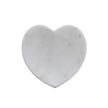 White marble heart-shaped dish with grey veins and small brown spots; available in multiple sizes.