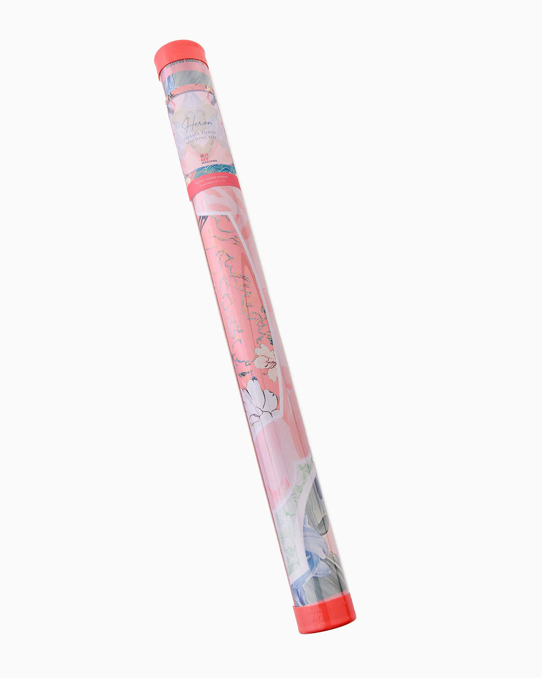 Cylindrical tube with red cap holds rolled mahjong mat with floral and abstract designs. Available in multiple sizes.