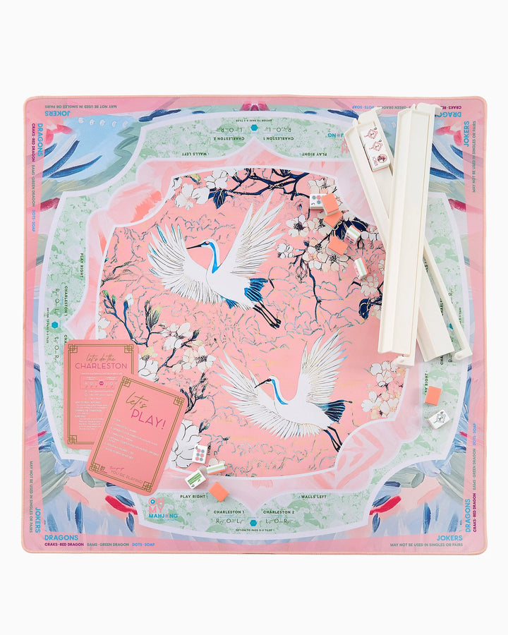 Pink Mahjong mat with crane and cherry blossom design. Available in multiple sizes.